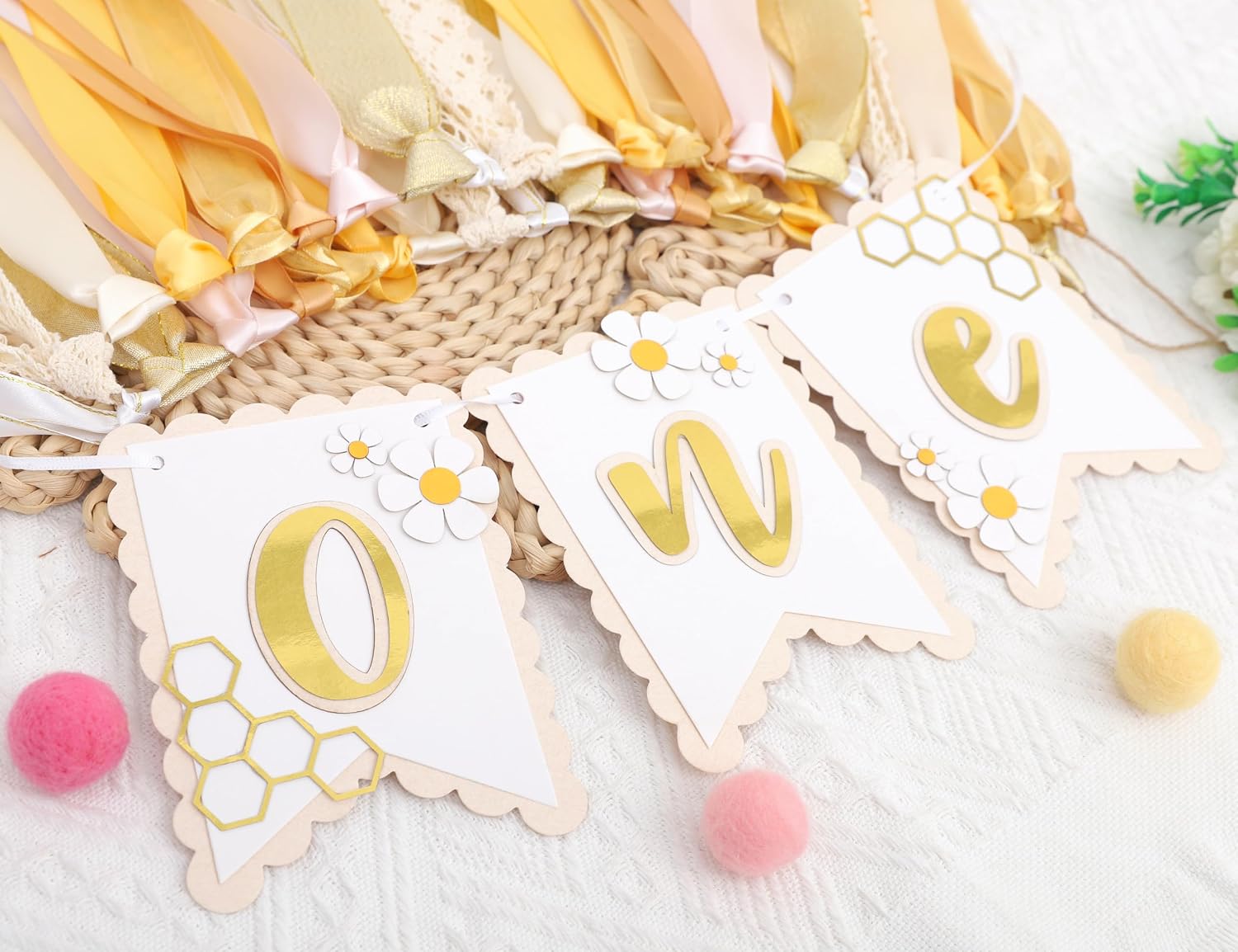 Bee One High Chair Banner Yellow - Bee for 1st Birthday Highchair Banner, Beehive Theme Birthday Party Supplies, Sweet One Party Decorations, Daisy First Photo Props (Beehive Garland Yellow)